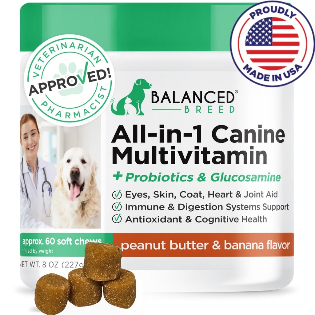 Balanced Ras All-in-1 Honden Vitaminen Supplementen Made in USA Vet-Farmacist goedgekeurd Honden Multivitamine Probiotica Glucosamine Chondroitin Honden Zalmolie Huidjas Immune Senior Honden Supplement NonGMO