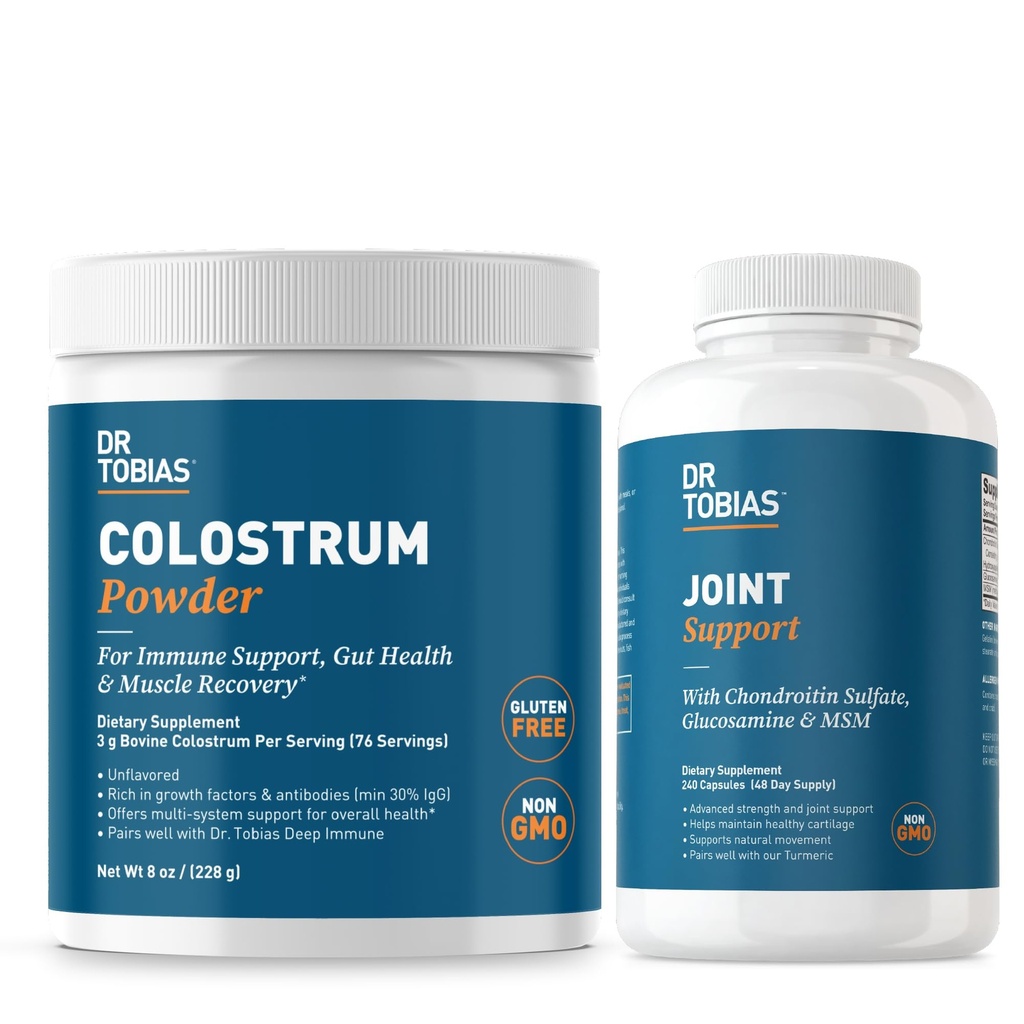 Dr Tobias Joint Support Supplément et Colostrum Powder - Soutient la mobilité, la santé du cartilage et la fonction immunitaire - Non-OGM