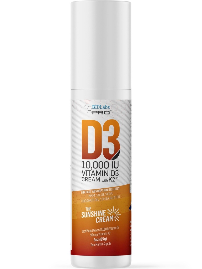BIOLABS PRO Alle natuurlijke vitamine D3 10000IE Vitamine D Cream - Maximale sterkte - Vecht vitamine D Deficiëntie Natuurlijk - met vitamine K2 & Olive Leaf Extract - Veilig en effectief (10.000IE - 3,0oz)