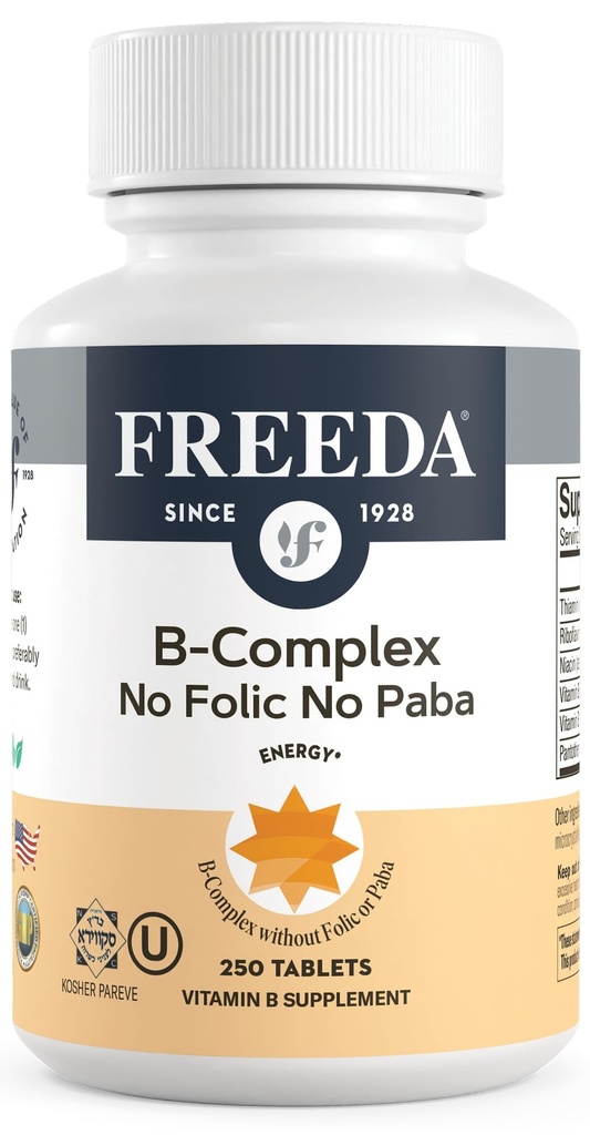 Freeda Vitamine B Complex No Folic No PABA - Super B Complex Kosher Vitamine Supplement met Vitamine B1 Vitamine B2 Vitamine B3 Vitamine B5 Vitamine B6 Vitamine B12 - Vit B Complex B voor Vrouwen & Mannen (250 Ct)