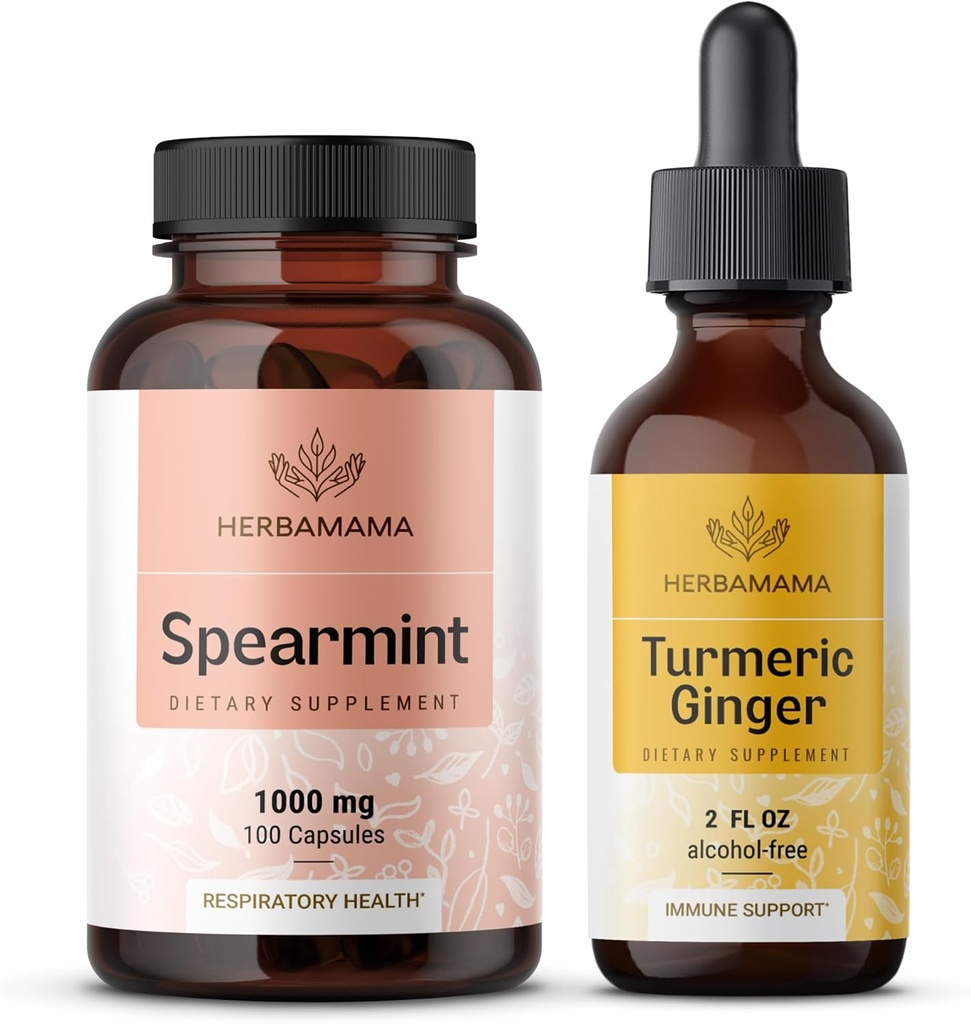 HERBAMAMA Spearmint en Kurkuma Gember Kit - bundel van 1000 mg Spearmint Leaf Capsules & Turmeric Gember Tinctuur 2 fl oz - Vegan, Non-GMO, Sugar & Alcohol-Free - 2 Pack