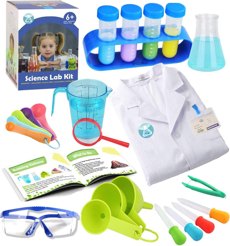 UNGLINGA Kids Science Experiment Kit met Lab jas wetenschapper kostuum jurk en rol spelen speelgoed cadeau voor jongens meisjes kinderen kerst verjaardag feest