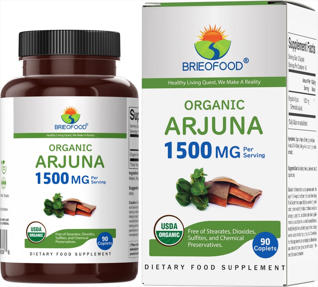 Brieofood Biologische Arjuna 1500mg, 45 porties, Vegetarisch, Glutenvrij, 90 Vegetarisch Tablet
