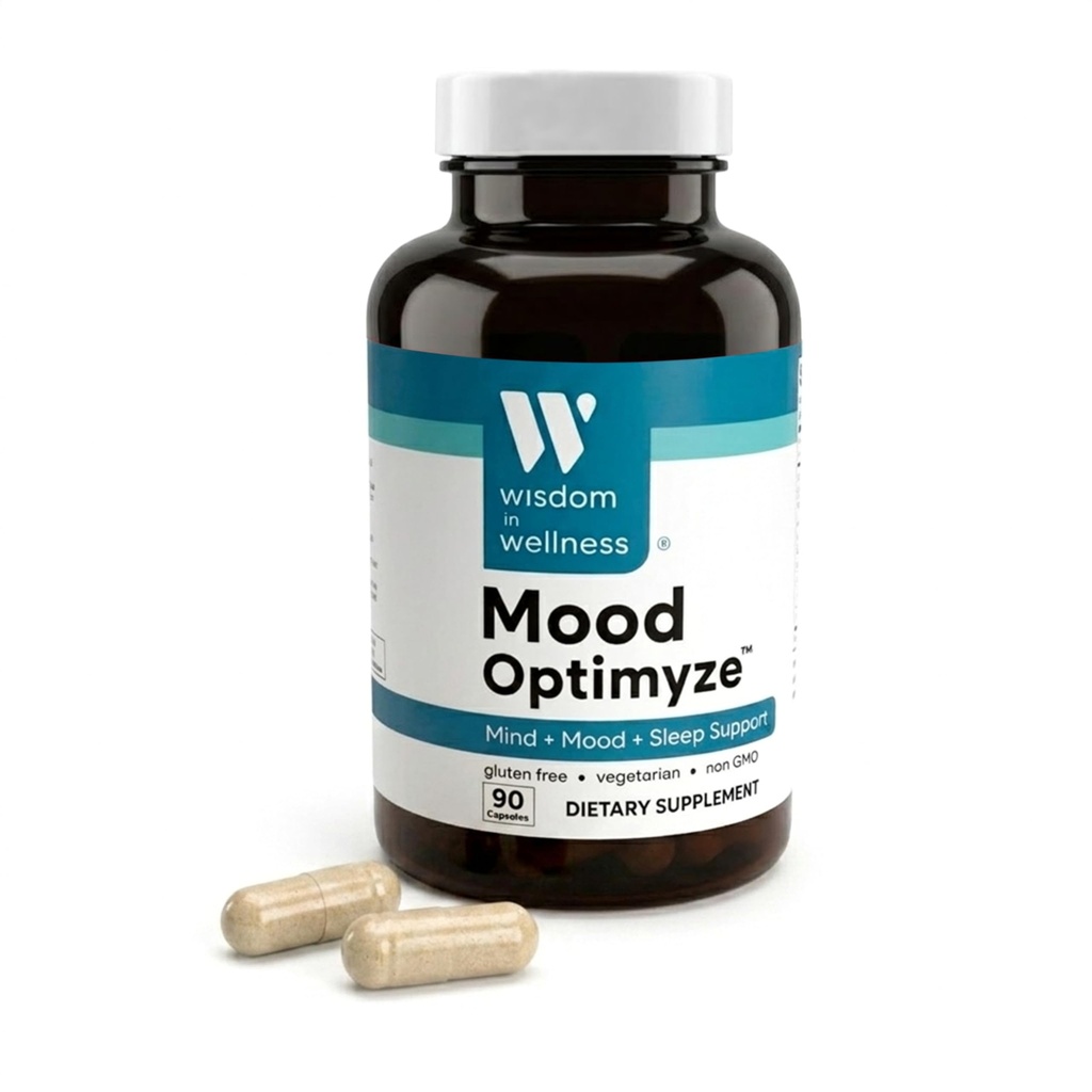 Sagesse In Wellness Mood Optimyze - 90 capsules de supplément de soutien d'humeur - Supplément de soutien apaisant - Pilules de soutien pour l'esprit, le sommeil et l'humeur - Supplément de bien-être et de relaxation sans gluten et sans OGM