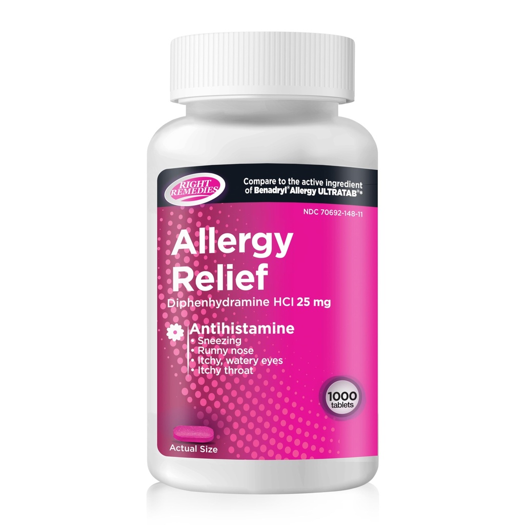 Allergie Relief Antihistamine, Difenhydramine HCl 25mg, Generieke Benadryl Ultratabs, Relives Seizoensgebonden Indoor of Outdoor Bovenste Ademhalingsallergieën, 1000 Tel