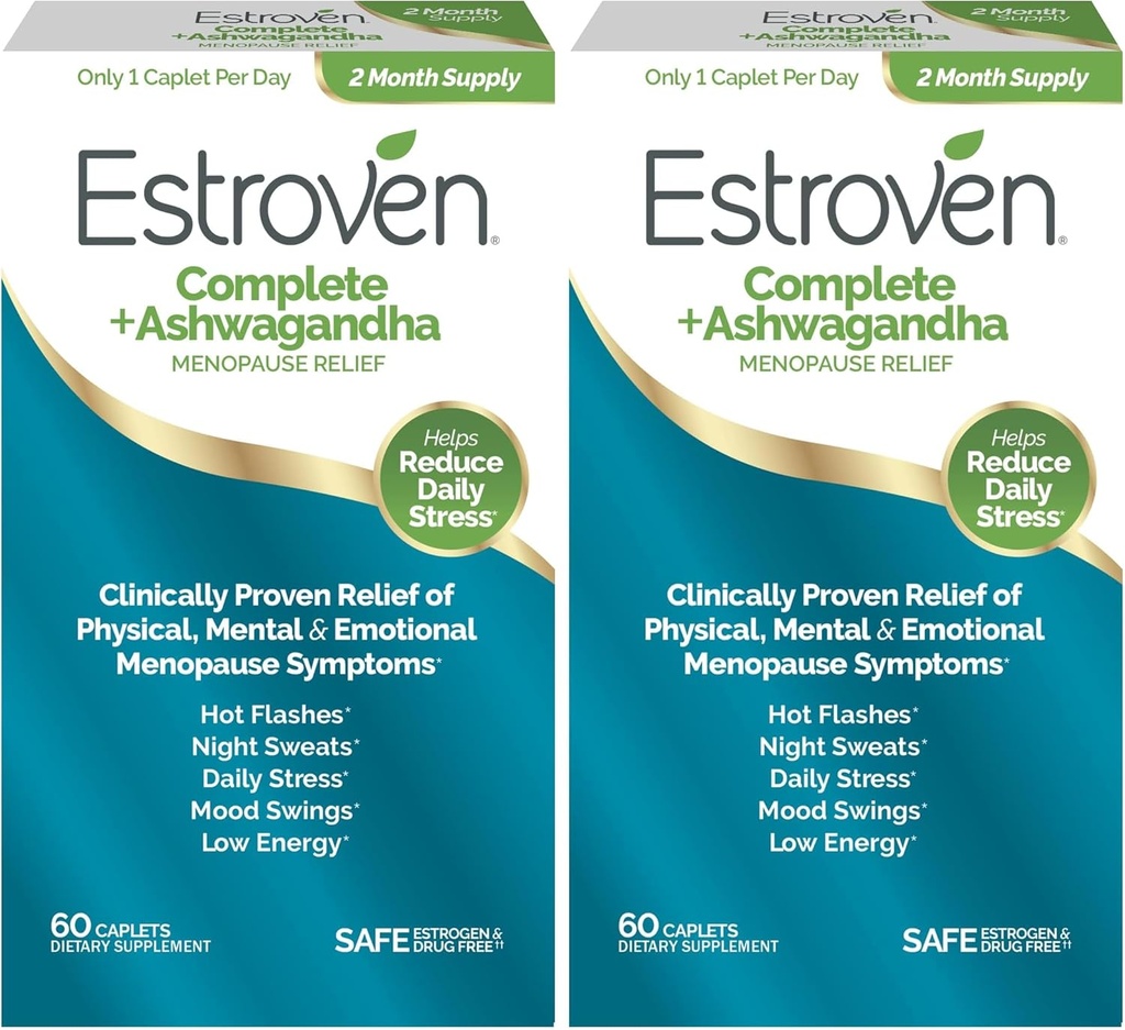 Estroven Complete + Ashwagandha Multi-Symptoom Menopauze Supplement voor vrouwen - klinisch bewezen ingrediënten bieden Menopauze Relief & Night Sweats + Hot Flash Relief* - 4 maand aanbod (pakket van 2)