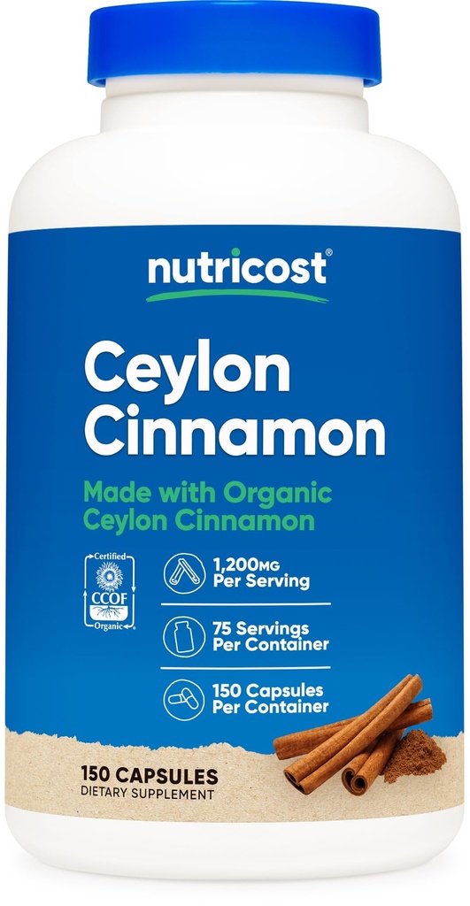Nutricost Biologische kaneel (Ceylon Cinnamon) 1200mg Serveren, 150 Capsules - Glutenvrij, Non-GMO