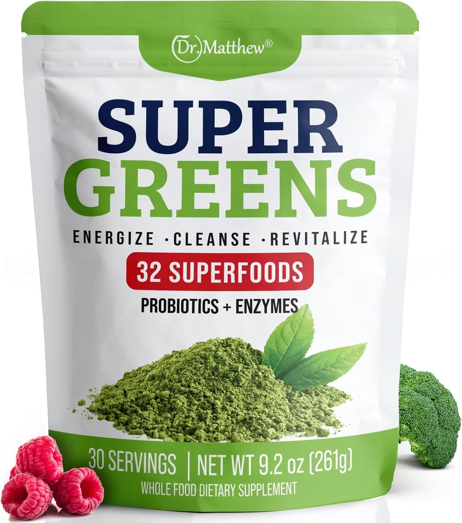 Green Juice Powder. Supergreens Superfood Powder. Detox Greens for Bloating and Digestion. Veggie Powder with Probiotics & Enzymes. Chlorella, Spirulina, Wheat Grass, Ashwagandha. 32 Superfoods