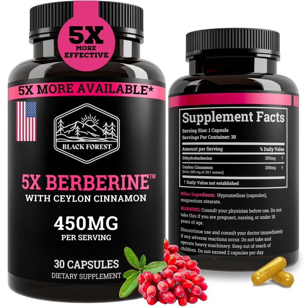 Forêt Noire 5X Berberine un supplément dihydroberbérine (Super Berberine maintenant 5X plus efficace que la Berberine régulière HCL) Meilleur dihydroberbérine avec Ceylan Cannamon - similaire à Berberine Phytosome