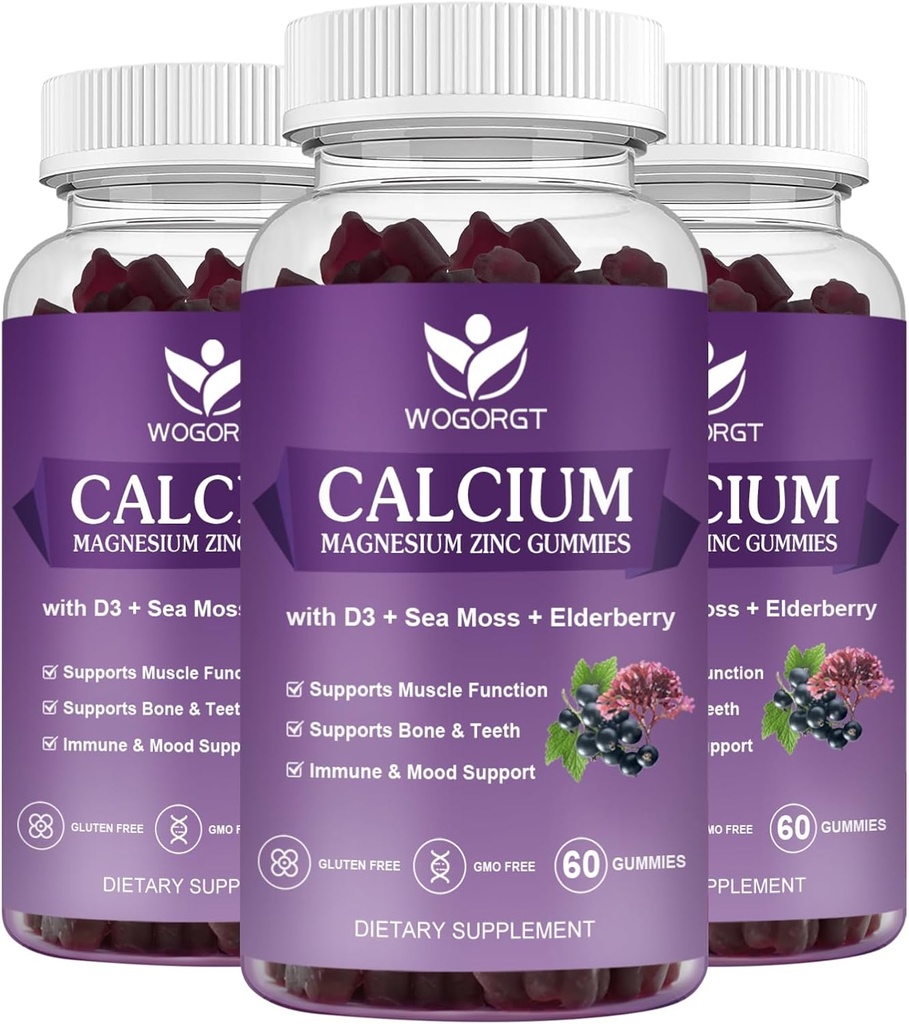 Calcium Magnesium Zink Gummies met Vitamine D3 - Hoge Absorptie Complex Calcium Supplement met Zee Mos, Vlierbes voor Bot, Spieren, Immune, Mood & Slaap Ondersteuning, Vegan - 60 Gummies (3 Pack)