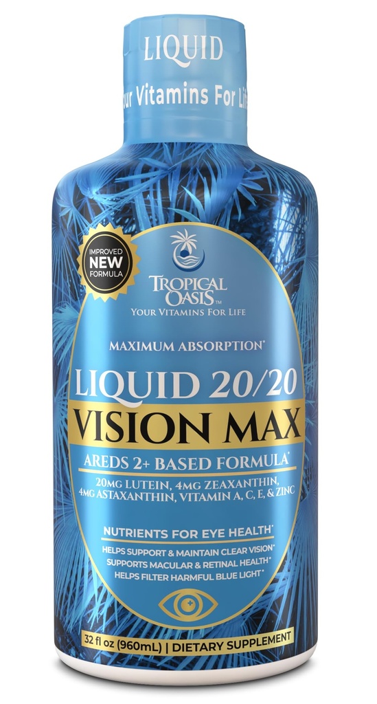 Liquid 20/20 Vision - Formule de vitamine oculaire w/20mg Lutéine, 4mg Zeaxanthin, 4mg Astaxanthin pour le soutien de la vision – Absorption maximale- Grand goût et pas de pilules à avaler– 32 portions, 32oz