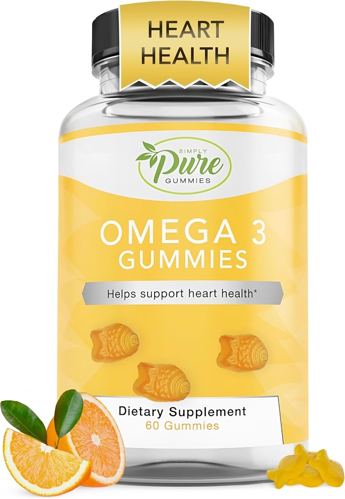 Pure By Nature Omega 3 Gummies voor volwassenen en kinderen, Omega 3 Fatty Acid Supplements met Omega 3 6 9 voor Circulatory Ondersteuning, Geen Visolie Oranje Smaak Omega Gummies, 60 Days Supply (60 Tellen)