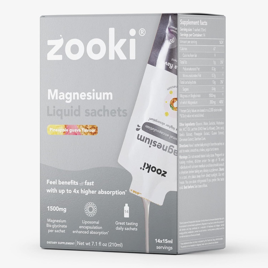 Zooki Liposomal Magnesium Glycinate 1500mg Liquid – 4X Higher Absorption – Great Taste, Sugar Free, Vegan – Alternative to High Strength Magnesium Tablets – Sleep, Stress, Muscle Cramps (14 Servings)