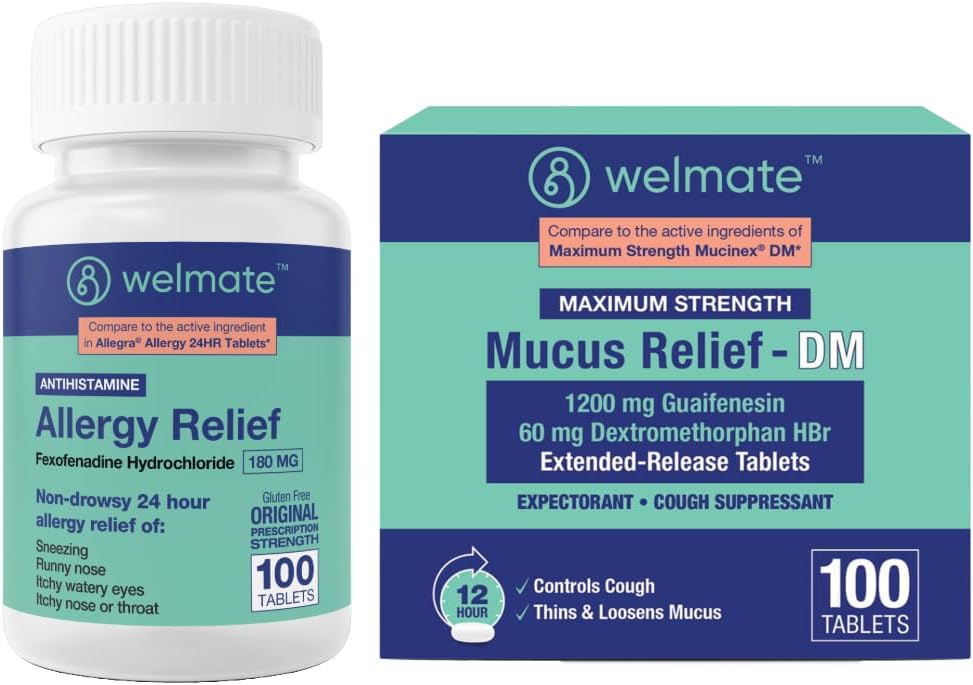 WELMATE Complete Allergie & Congestie Relief Bundle: Fexofenadine HCl 180mg Non-Drowsy Antihistamine (100 Ct) + Mucus Relief DM 1200mg Guaifenesin & 60mg DXM (100 Ct) 