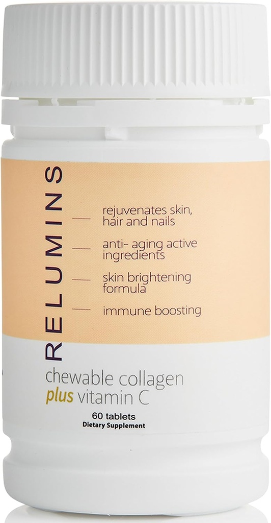 Relumins Collageen Supplementen voor vrouwen & mannen Collageen Kauwbaar met zijde Peptide, Hyaluronzuur, CoQ10, & Vitamine C & E - 60 Peach-Flavored Collageen Supplement Tablets per fles