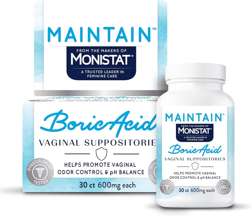 van The Makers of Monistat, Maintain Boric Acid Suctionitories for Women, Fragrance-Free Inserts voor Vaginale Odor Control en pH-balans zonder Irritatie, 30 Tellen
