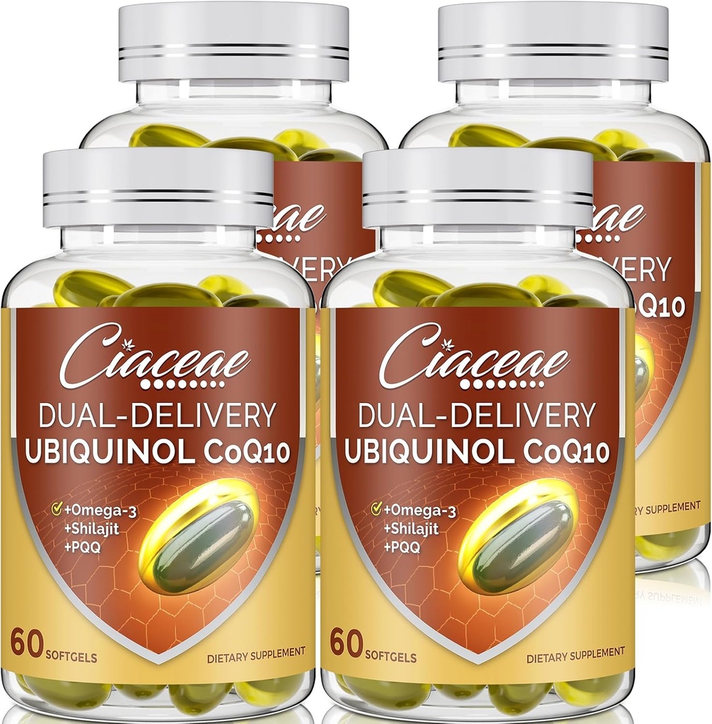 Ubichinol CoQ10 600 MG Softgels met Omega-3 & Shilajit & PQQ, Advanced Dual-Delivery Coenzyme-Q10, Active CoQ10 Ubichinol Supplement for Fertility, Antioxidant, Heart, Brain & Energy, 240 Servings