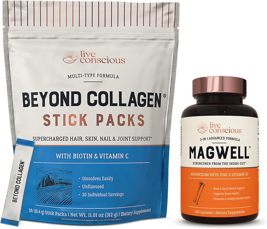 Live Conscious Beyond Collageen Types I, II, III, V & X Stick Packs + MagWell Magnesium Zink & Vitamin D3 