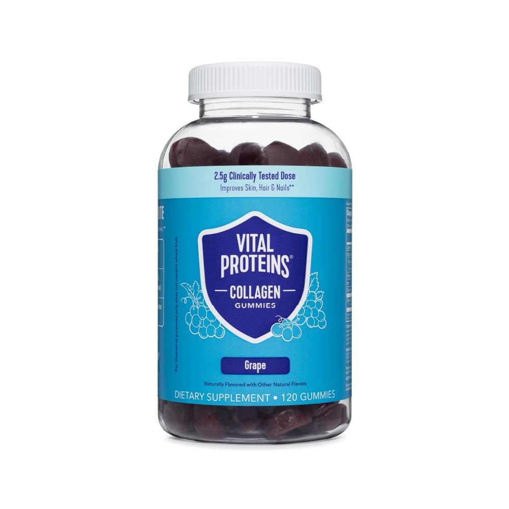Protéines vitales Gommies de collagène, 2,5g de collagène testé cliniquement pour cheveux, peau, ongles et rides, 120 ct, 30 jours d'approvisionnement, goût de raisin