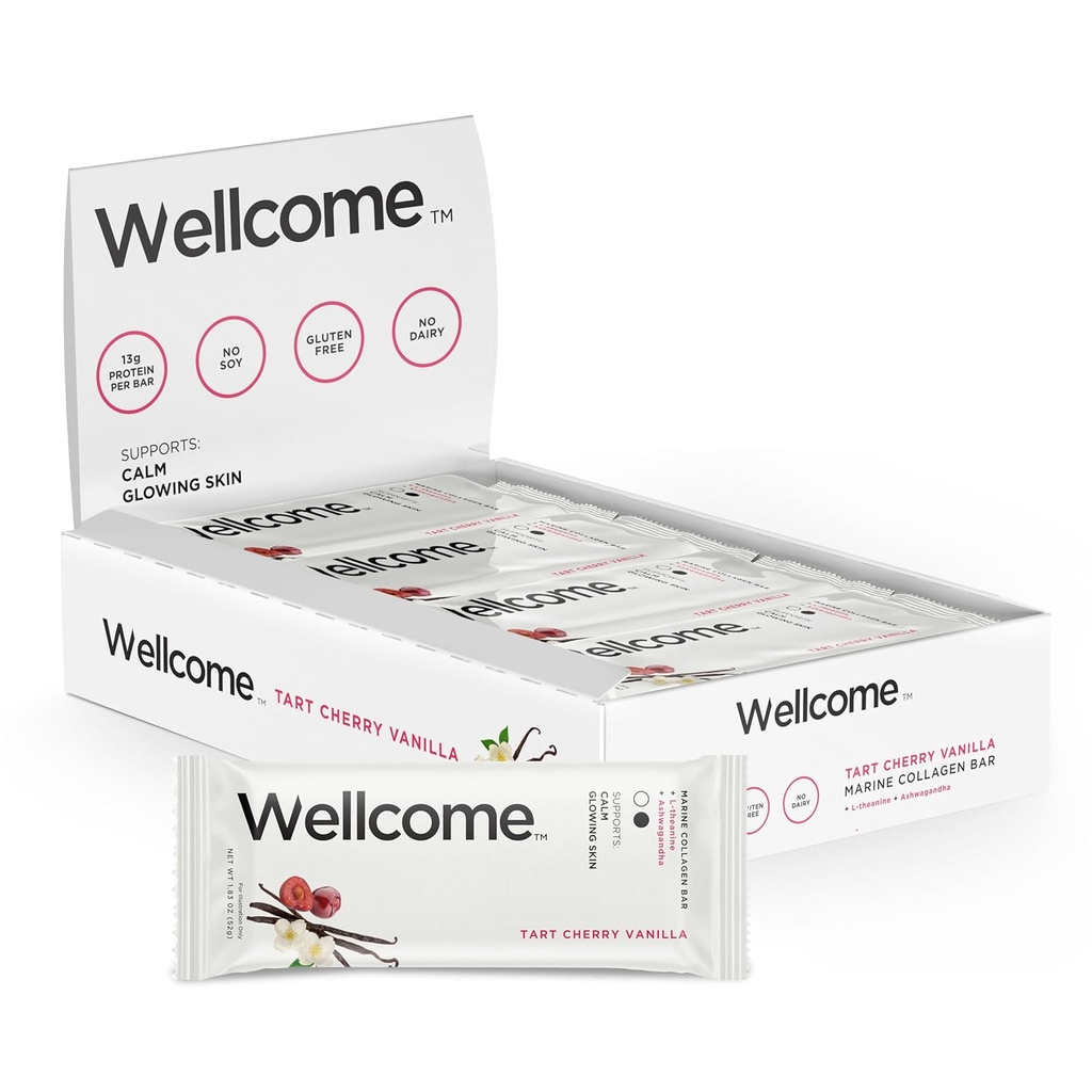 Wellcome Tart Cherry Vanilla Marine Collageen Proteine Bar met Ashwagandha en L-Theanine - Adaptogenic Snack Bar - Dairy Free Health Bar voor functionele actieve levensstijl (pakket van 12)