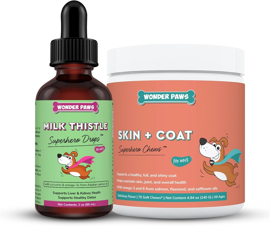 WONDER PAWS Milk distel druppels Plus huid + jas zachte kauwen - voor honden lever en nieren ondersteuning, detox & huid en jas gezondheid - melk distel 2 Ounces - huid + jas 70 Kauwen