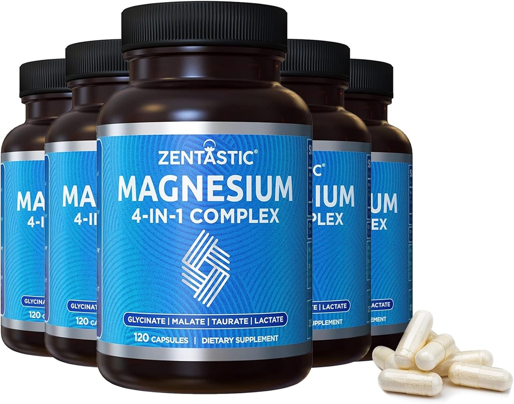 Zentastic Magnesium Complex - 600 Magnesium Capsules - Gecheleerd Magnesium Glycinate, Malate, Taurate & Lactate - Ondersteuning botten, spieren