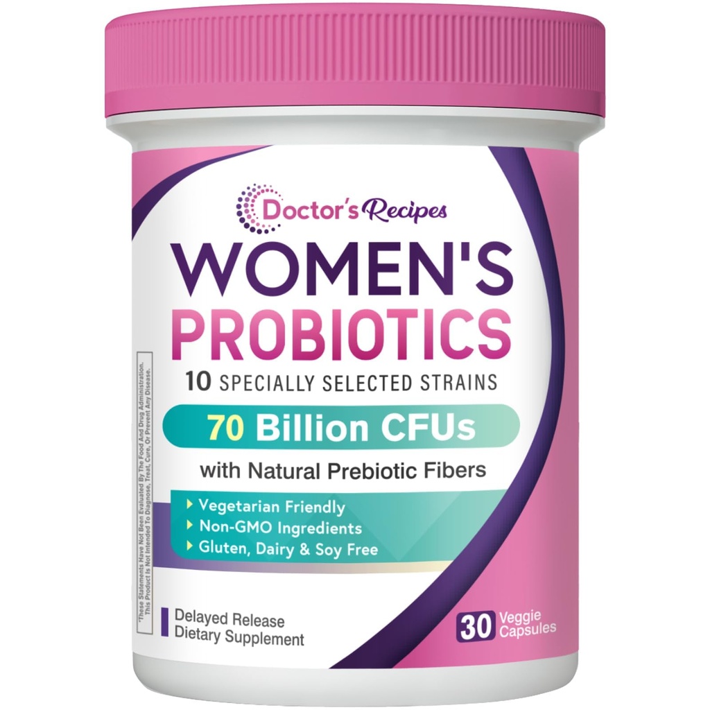 Recepten Probiotica voor vrouwen, Organische Prebiotica en Probiotica, 70 miljard CFU, 10 Strains, Plank Stable, 30 Capsules