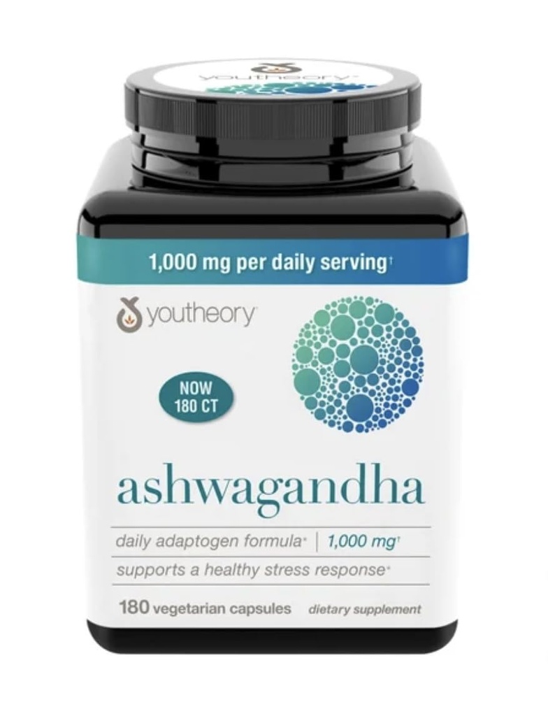 Youtheory Ashwagandha 1000mg met KSM-66 - Helpt ondersteuning van een gezonde stressrespons, 180 capsules (verpakking van 1)