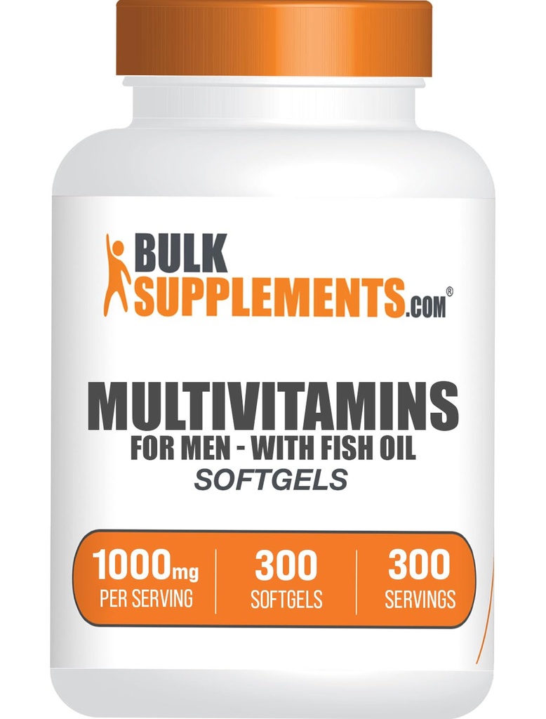 BulkSupplements.com Multivitamine voor mannen Softgels - Dagelijks Multivitaminesupplement, Multimineral voor mannen met visolie - Glutenvrij, 1 Softgel per portie (1000mg), 300 Tellen (pakket van 1)