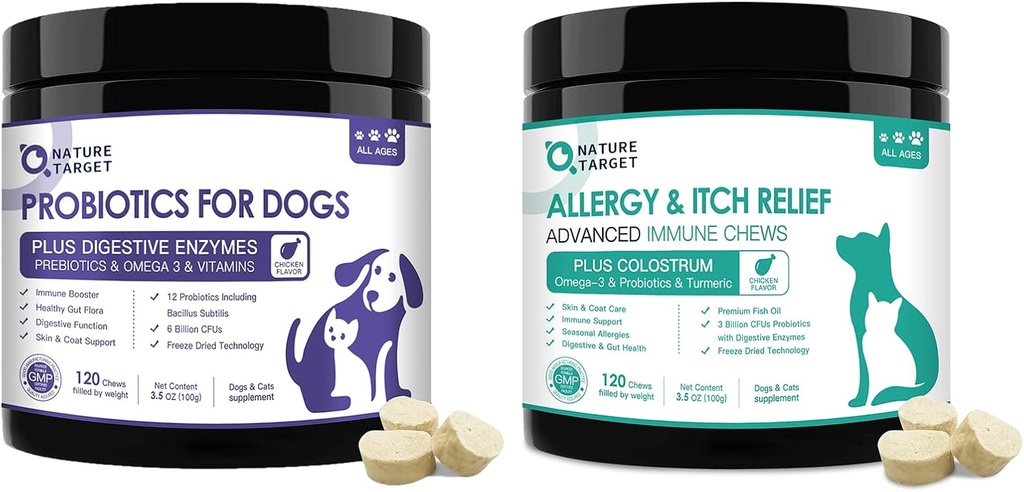 NATURE TARGET Probiotica voor honden, met prebiotica & spijsverteringsenzymen, vitamines & Omega 3 voor Allergie Itch Relief, Reduce Diarree, Gas, Stop Pawlicking, Hot Spots, Vergieten