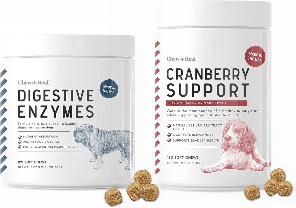 Digestieve enzymen en probiotica en Cranberry UTI Ondersteuning voor honden - Ondersteunt gezonde spijsverteringstrek, helpt voedende absorptie - gezonde urinetrek en blaasfunctie - 120 zachte kauwen elke