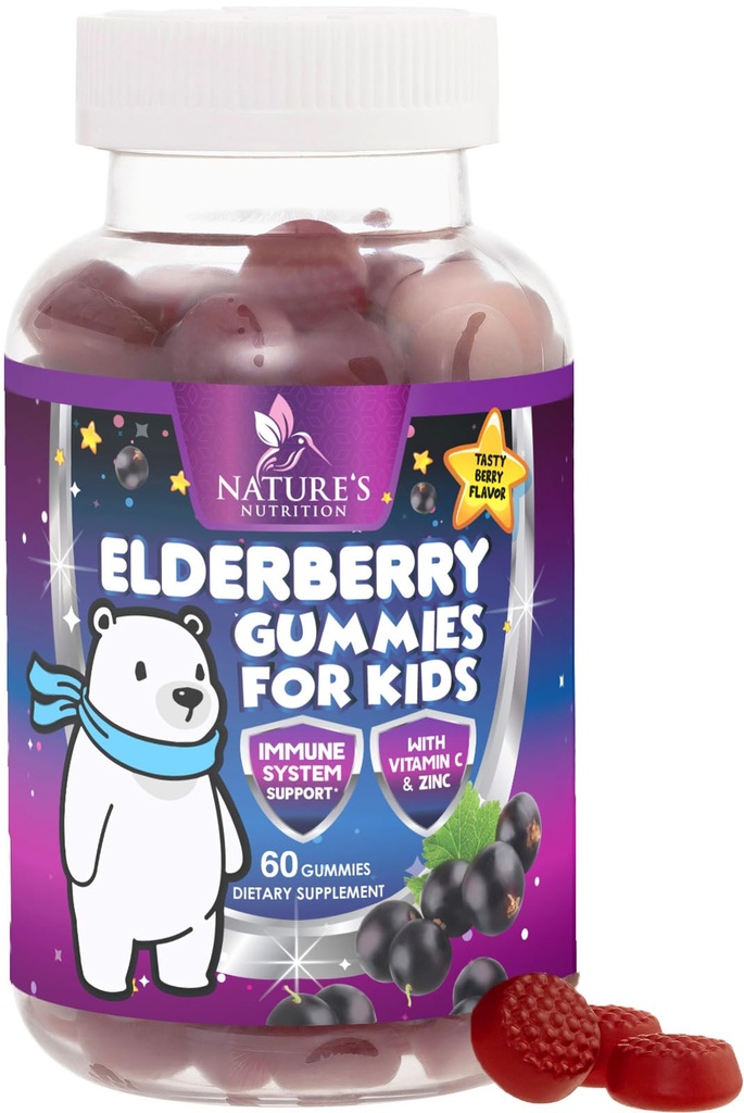 Enfants Immune Soutien Gummy - Supplément de la baie d'eau de Sambucus de la nature, Vitamines quotidiennes pour enfants C, Zinc & Enfants Immunity Support Gummy, Vegan, Sans gluten, Saveur de baies savoureux - 60 Gummy