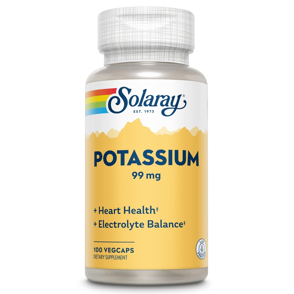 Solaray Kalium 99 mg - Electrolyte Balance Formula - Kaliumsupplement voor Elektrolyten, Bloedvat- en Hartgezondheidsondersteuning - 60 dagen geld terug garantie, Lab geverifieerd, 100 porties, 100 VegCaps