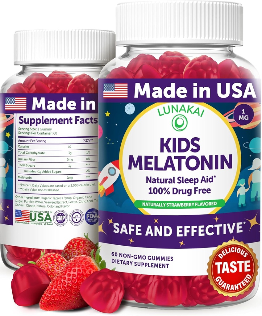 Lunakai USA Made Kids Melatonine Gummies 1mg - Safe & Natural Sleep Aid for Children 2+ - Non-GMO, Vegan, Glutenvrij - 60 Tel.