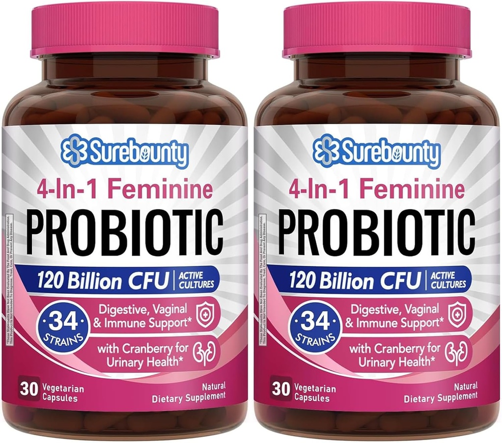Probiotica voor vrouwen, 120 miljard CFU 34 Strains, Prebiotica, Digestieve Enzymen, Cranberry, 4-in-1 Vrouwelijke Probiotica, Digestief, Vaginaal, Immune Ondersteuning, 60ct (Pack of 2)