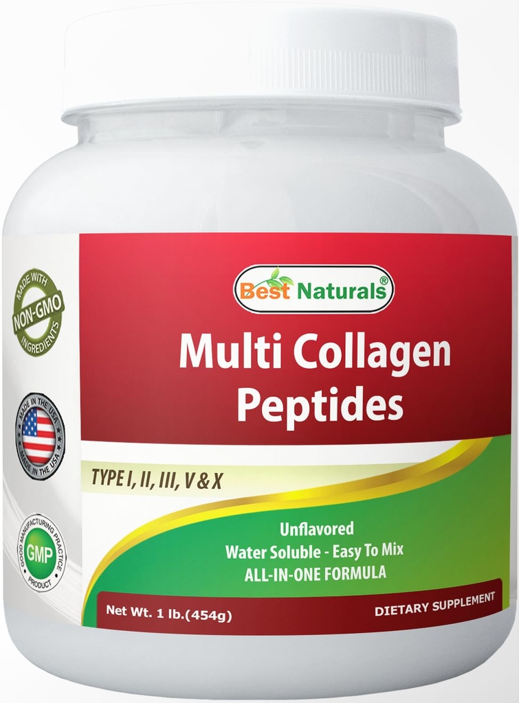 Best Naturals Multiple Collagen Peptides Protein Type I, II III, V & X Collagen non aromatisé 1 Livre - Herbacé et pâturage élevé - Eau soluble - Facile à mélanger