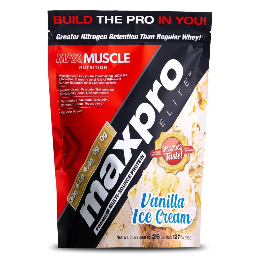 Max Muscle Maxpro Elite Whey Protéines Poudre de 30g Protéines 0g Sucre 6,6g BCAAs 6,6g Caséine Micellaire Cold Filtered Whey Isolate Protéines (Vanilla Ice Cream 2lb)