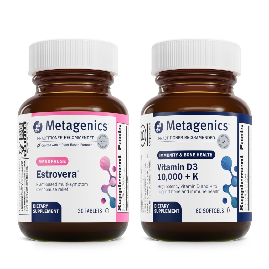 Metagenics Menopauze Duo: HerWellness Estrovera - All-Natural, Hormone-Free Menopauze Support Supplement - 30 tabletten & vitamine D3 10.000 + K - voor bot en hart gezondheid - 60 Softgels