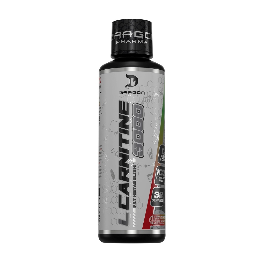 DRAGON PHARMA L-Carnitine 3000, supplément acide amino, augmentation de l'énergie disponible et de l'entraînement plus dur, soutient le contrôle de l'appétit (32 portions, pastèque aigre)