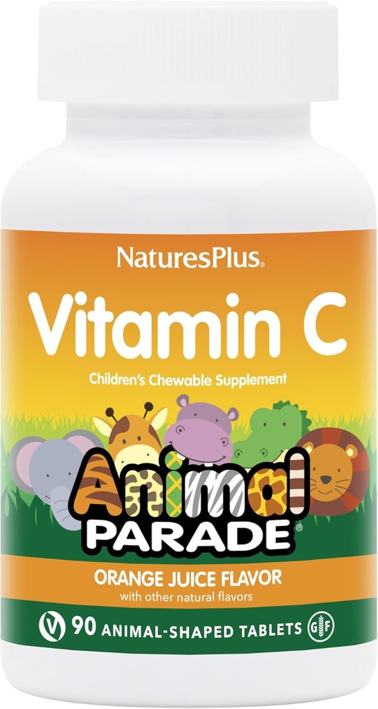 NaturesPlus Animal Parade Vitamine C Kinderen Kauwbaar - Natuurlijke Sinaasappelsap smaak - 90 Animal-Shaped tabletten, Verpakking van 2 - Veganistisch, Vegetarisch, Glutenvrij - 90 Totaal porties