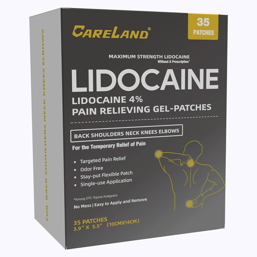 CARELAND 4% Lidocaine Gel Patch, 35 Count Maximale sterkte pijn Patches voor spierverlossing in nekknie rug en schouders ongeparfumeerde Numbing Patch voor kalmerende zenuwen, gewrichten