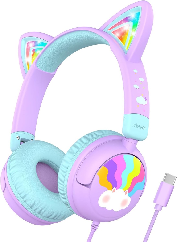 iClever Kids Headphones USB C, LED Light Up, 85dBA Safe Volume, Stereo Sound Toddler Headphones voor Travel School, Kids Headphone met Cord voor iPad Tablets, Meow Lollipop-Purple