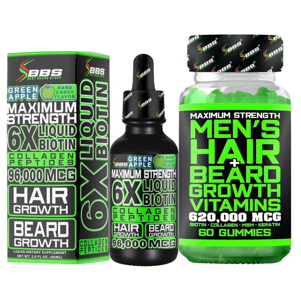 Kit de croissance de la barbe avec complément BIOTIN liquide 6X avec peptides de collagène + 620 000 mcg 14-en-1 BIOTIN Gommies/Barde Vitamines de croissance et Vitamines de croissance des cheveux pour les hommes - Formulé en Amérique