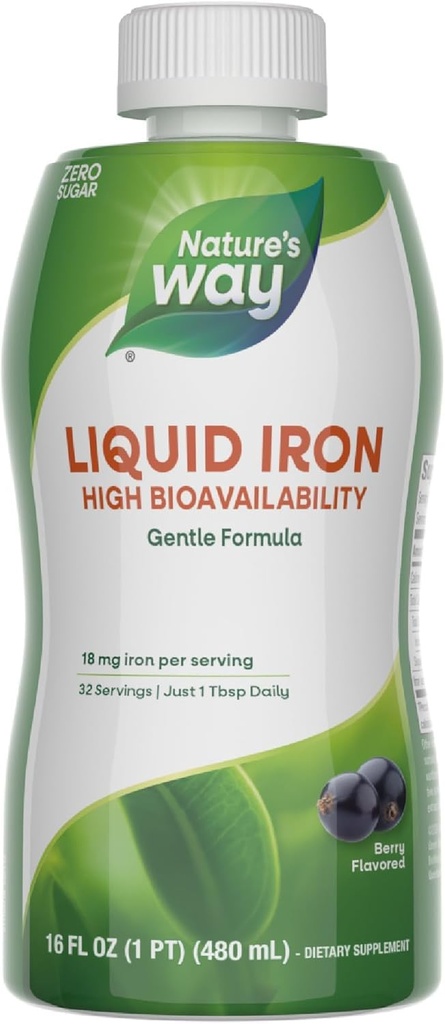 Nature's Way Liquid Iron, 100% dagelijkse waarde, 18 mg ijzer als Ferric Glycinate per Serving, Geen suiker toegevoegd, Berry Flavored, 16 Fl Oz (Verpakking mei Vary)