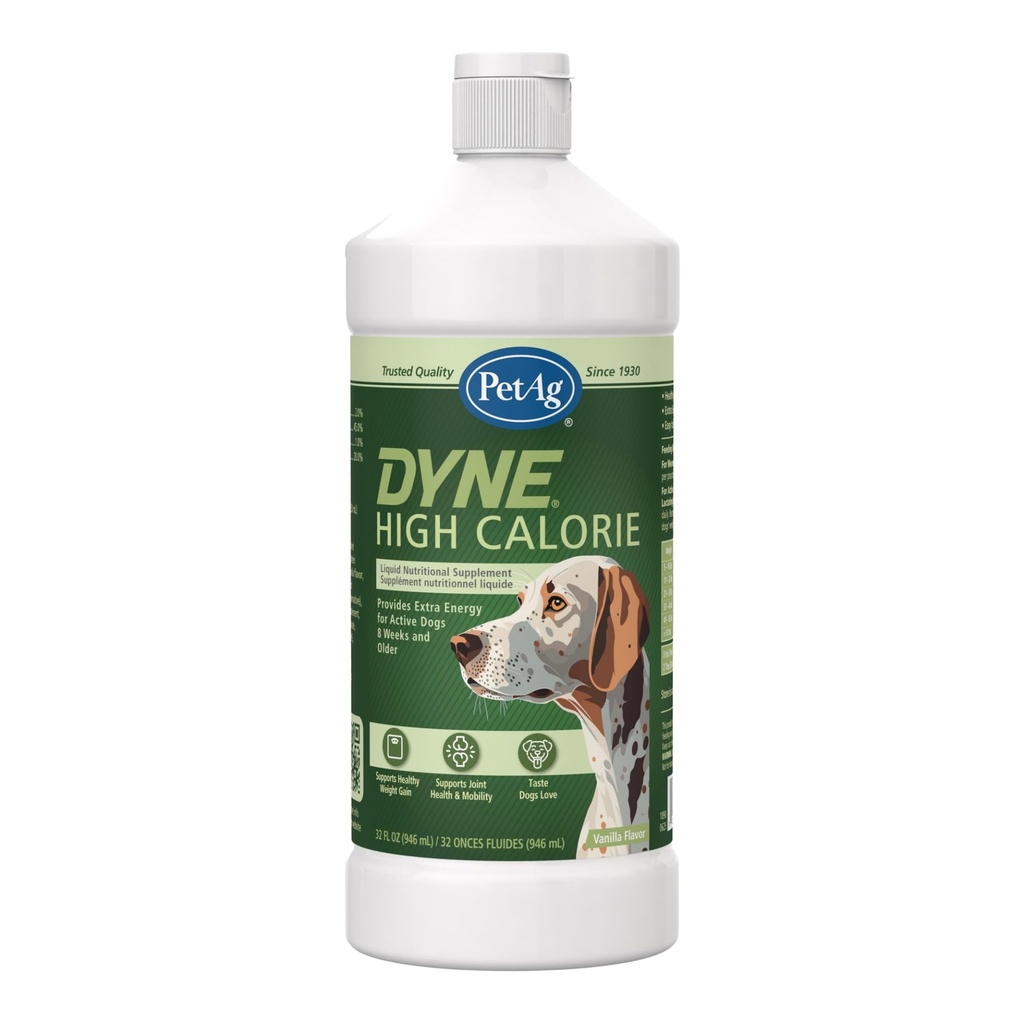 PetAg Dyne supplément nutritionnel liquide à haute teneur en calories pour chiens et chiots 8 semaines et plus - 32 oz - Soutient la performance et l'endurance - Saveur de vanille douce