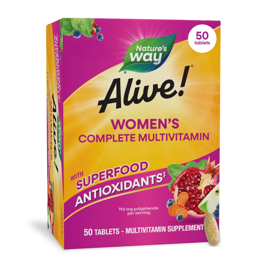 La nature est vivante ! Multivitamine quotidienne complète pour les femmes, soutient le métabolisme énergétique, cheveux, peau et ongles*, B-vitamines, antioxydants super-alimentaires, 50 comprimés (paquetage mai Vary)