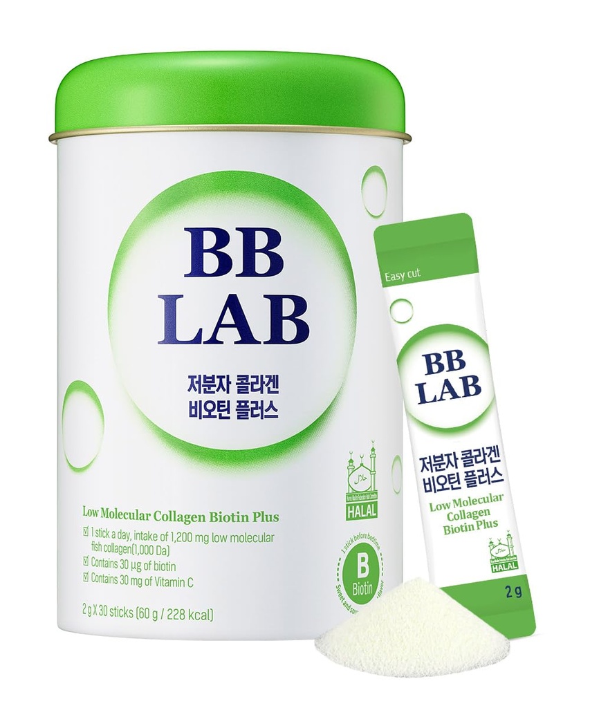 BB LAB Low Molecular Collagen Biotin Plus, Halal Collagen, Powder Supplement, Korean Marine Collagen, Fish Collagen Peptides, Biotin, Vitamin C, Fast Absorption, Shine Muscat Flavor