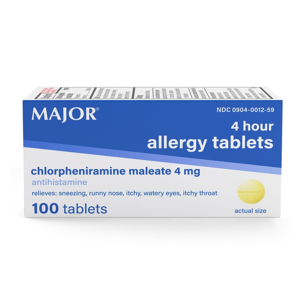 MAJOR 4 Mg Allergie Tablets - Chlorpheniramine Maleate 4-Hour Allergie Medicine - Antihistamine for Relief of Sneezing, Itchy Watery Eyes, Itchy Throat, and Runny Nose - 100 Count (1 Pack)