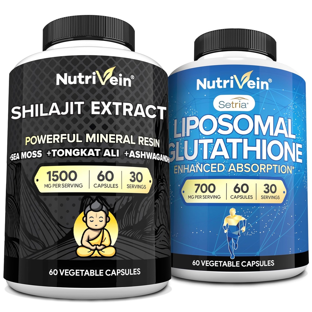 Nutrivein Premium Shilajit Capsules & Liposomale Glutathion Supplement Bundle: Hoge Absorption Glutathion Liposomale & Shilajit Capsules for Men & Women - Lever, Detox, & Vitality