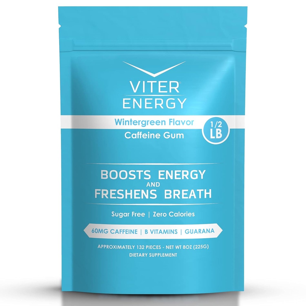 Viter Energy Cafeïnated Gum 60mg Cafeïne, B Vitaminen, Guarana, Suikervrij. (Wintergroen, 8oz, Bulk Bag)